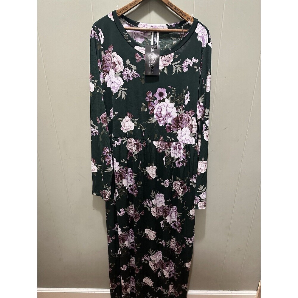 Floral Print Maxi Dress Elegant Long Sleeve Boutique Women’s Size 2XL Green Plum